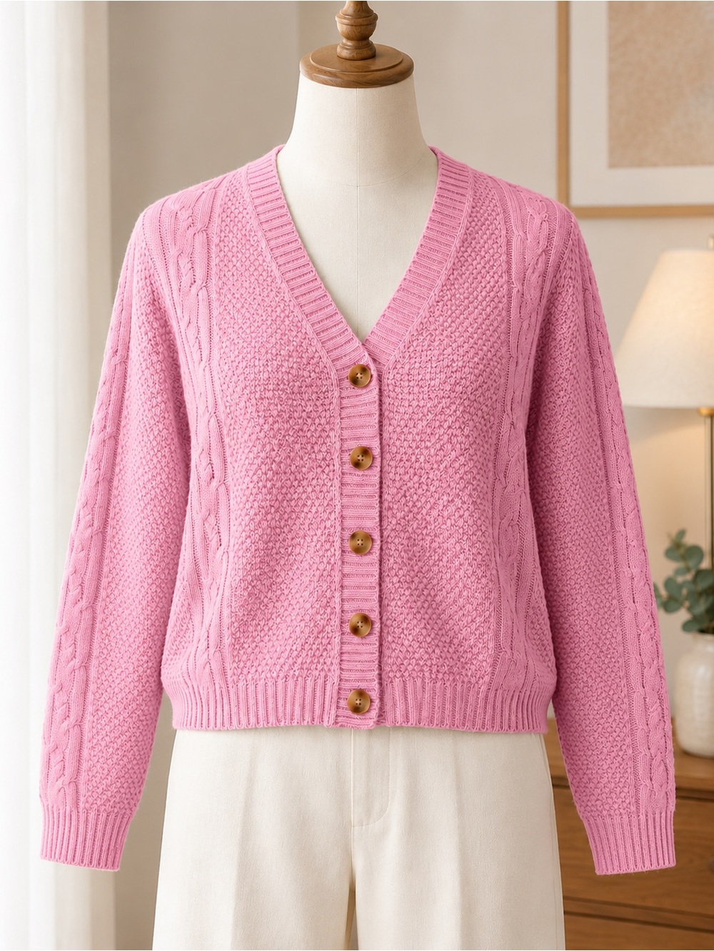 Lulus NWT Pink Cable Knit Button Front Cardigan Sweater Size L Cottagecore